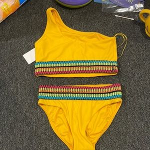 Brand new piexoto yellow one shoulder bikini with neon stitching size small